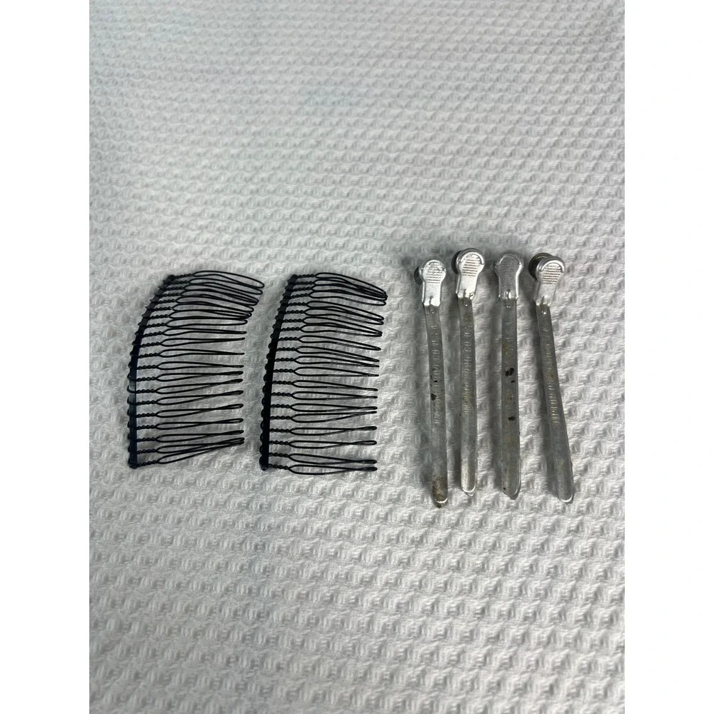 Vintage Tip Top Prod Co USA Metal Duckbill Hair Clips and Black Wire Side Combs